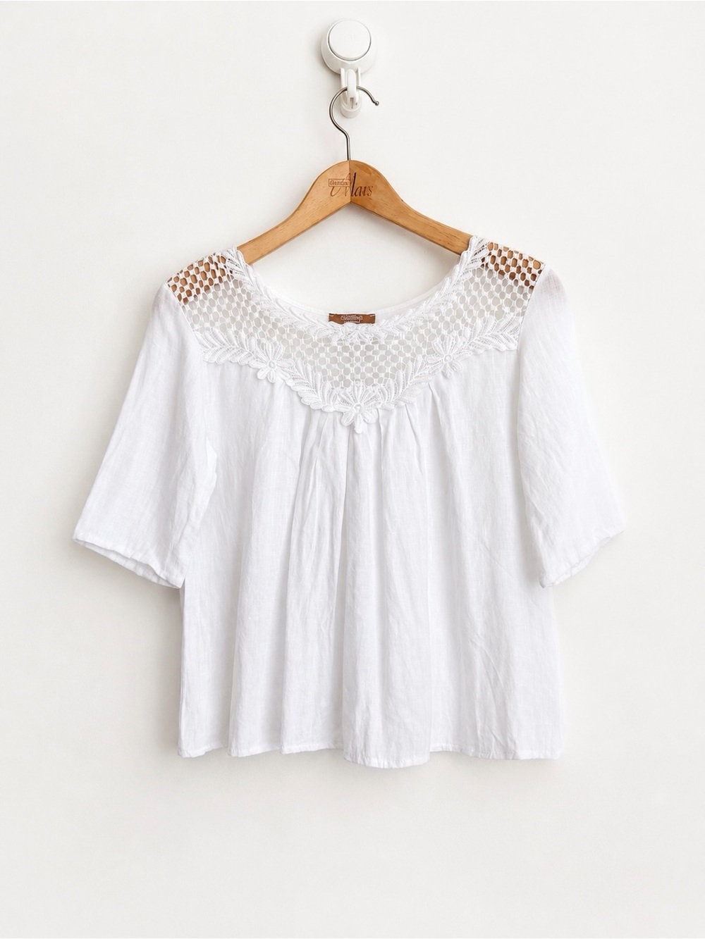 Carla Conti White Linen Crochet Lace Blouse Dainty Coastal XS